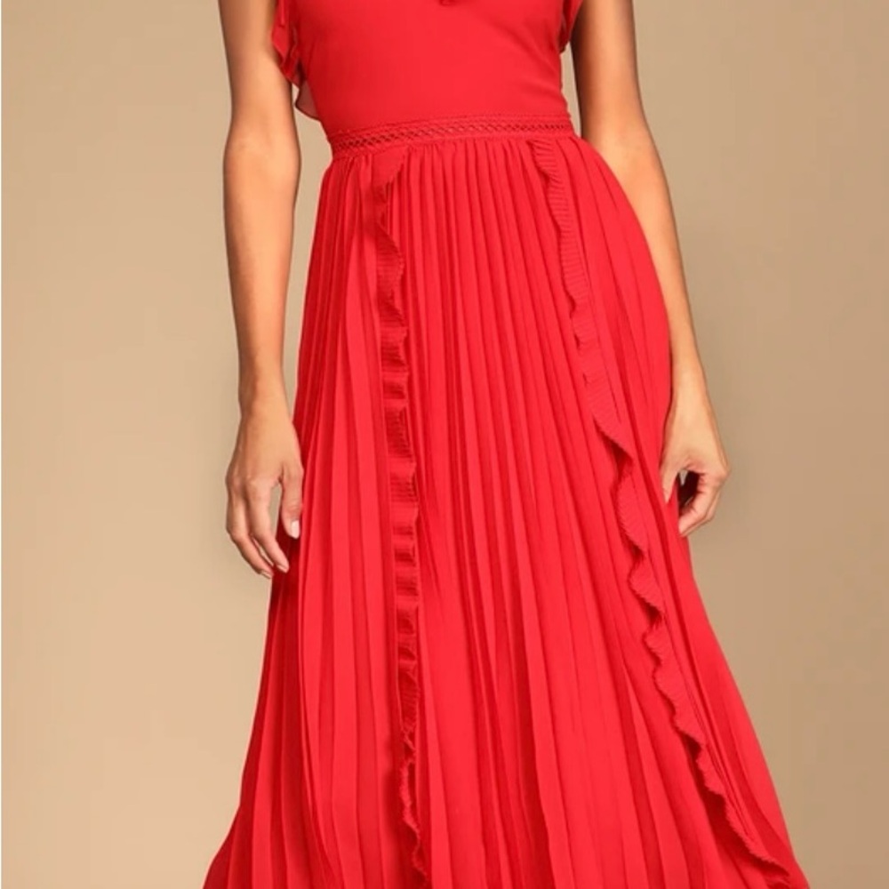Lulus Never a Dull Moment Bright Red Tie-Strap Pleated Midi Dress